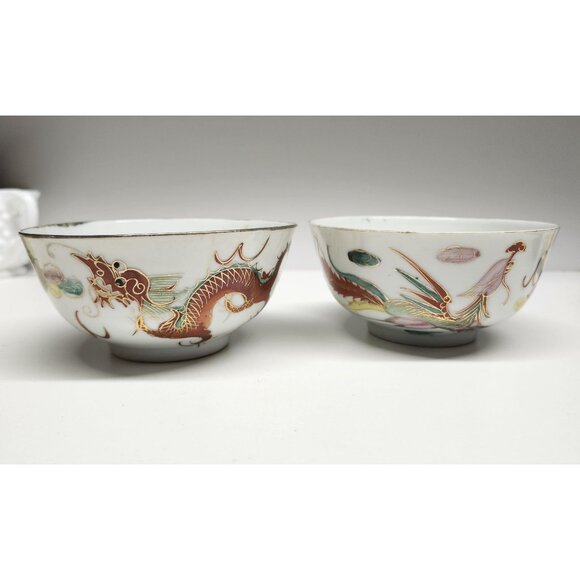 Handpainted Dragonware Vintage Porcelain Rice Bowls Gold Detail Dragon - Picture 1 of 13